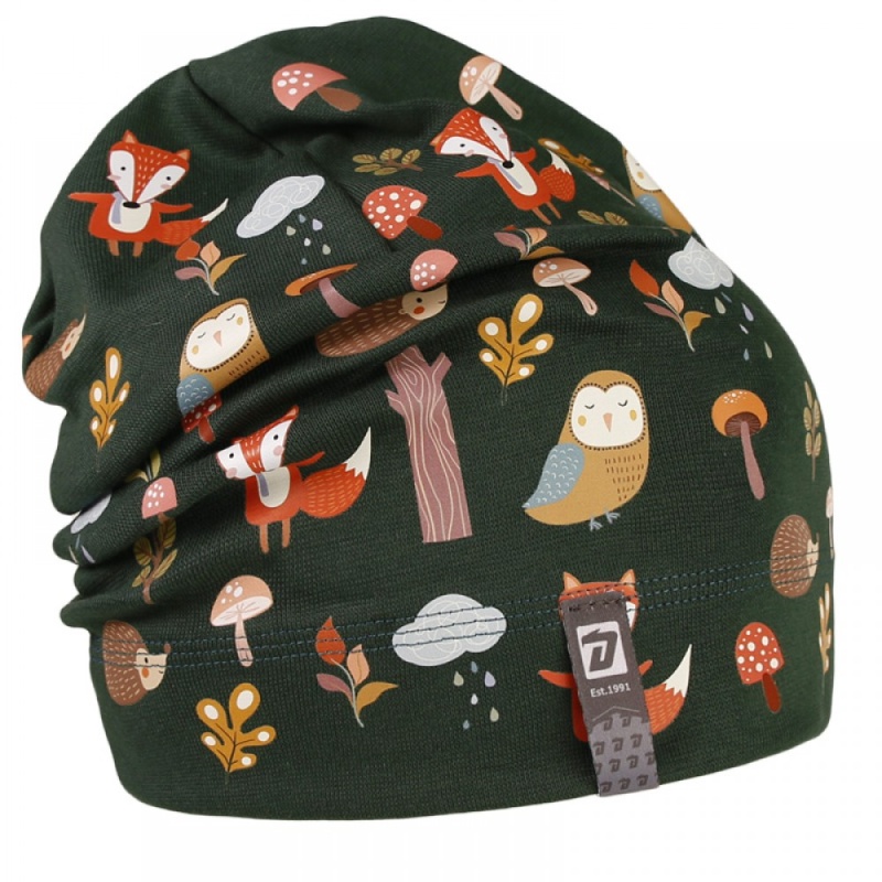 Spadlá bavlněná čepice Dráče Pepe - vzor 11, lesní zvířátka, lahvově zelená